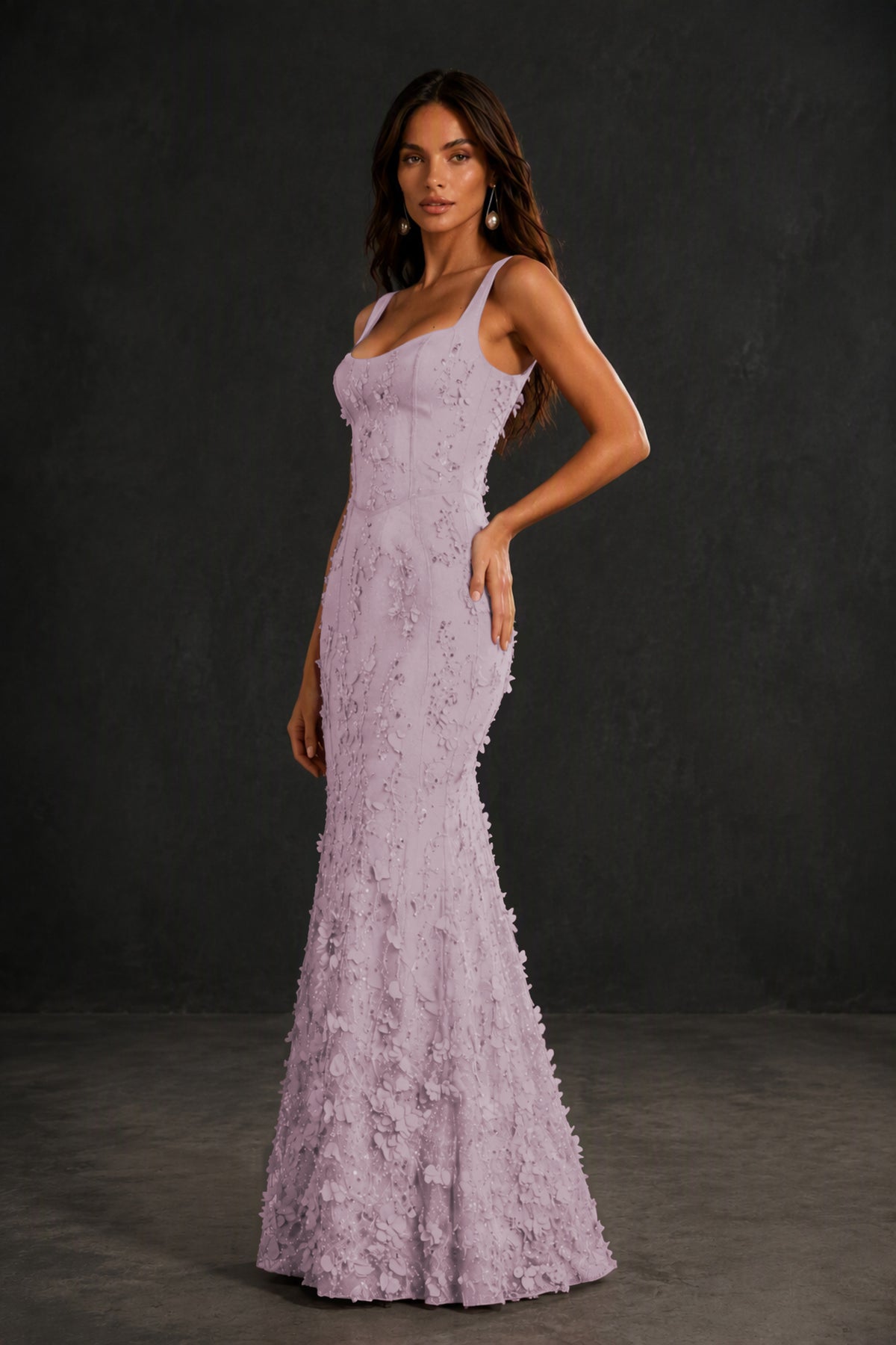 BOLODOO Lavender Sequin 3D Floral Mermaid Maxi Gown – Lace-Up Back Formal Dress - Lavender
