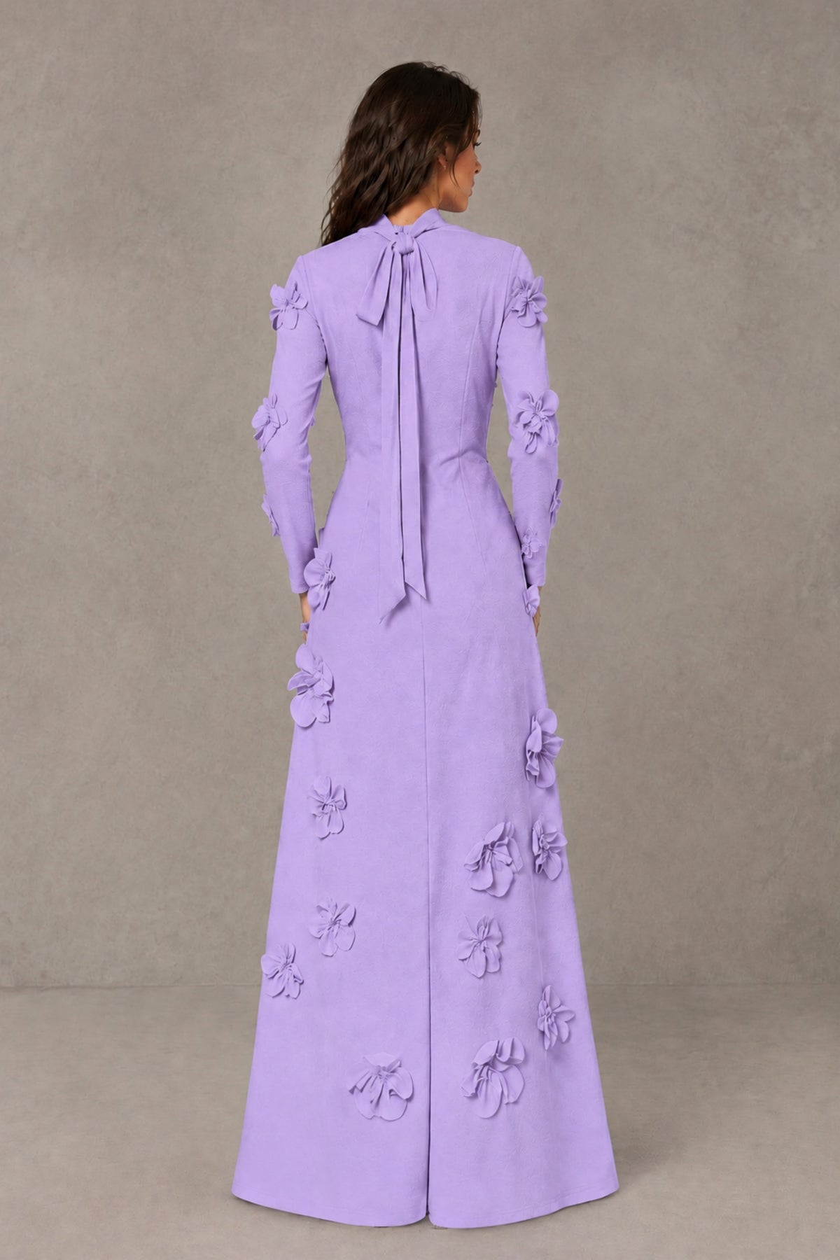 BOLODOO Lavender High Neck Long Sleeve 3D Floral Evening Gown - Lavender