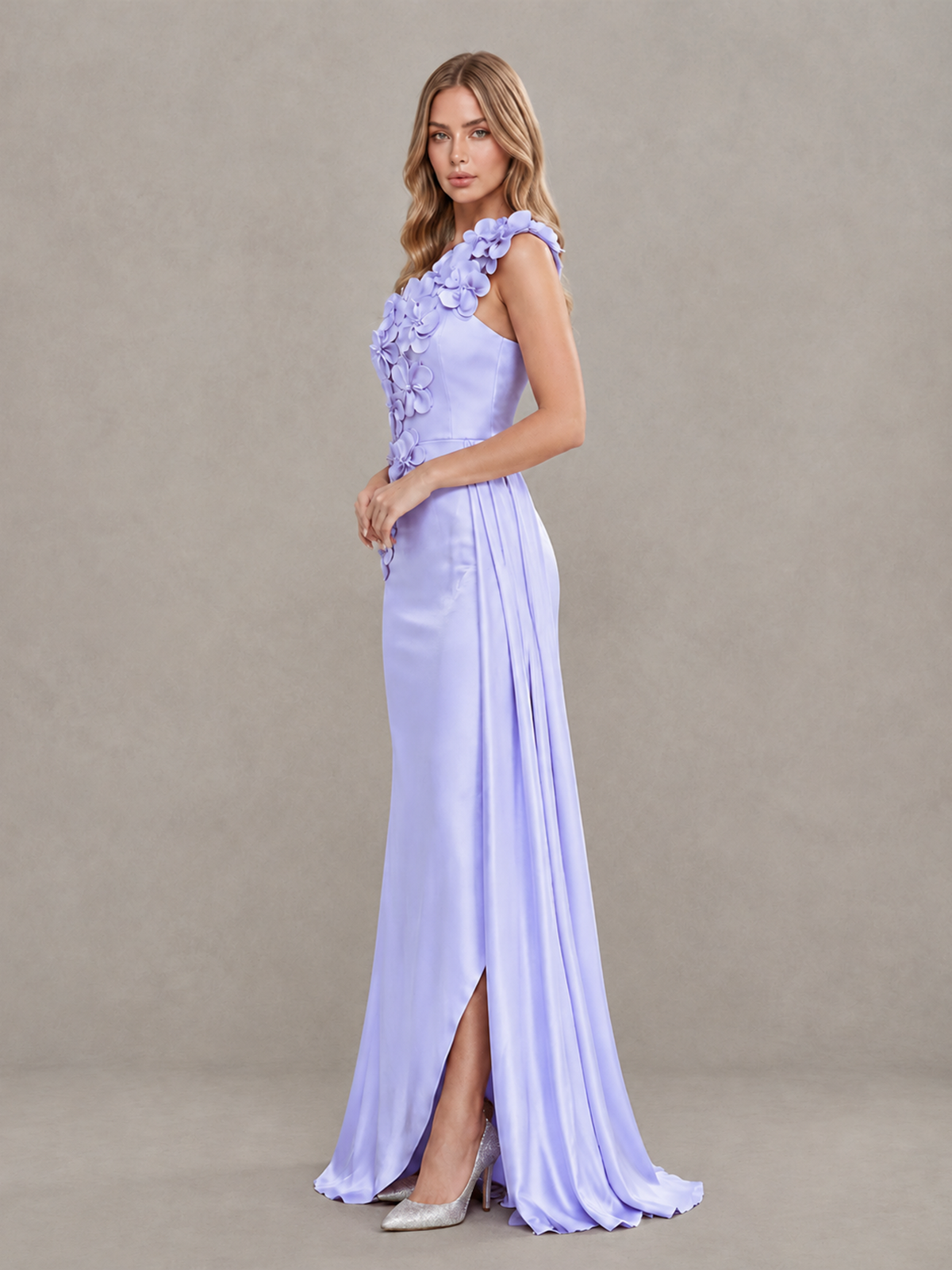 BOLODOO Lavender One-Shoulder Satin Mermaid Evening Gown with 3D Floral Appliqué - Lavender - Lavender_4