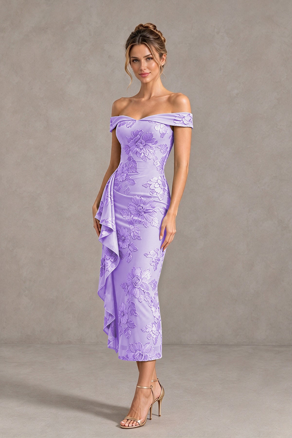 BOLODOO Lavender Off Shoulder Floral Jacquard Midi Dress - Lavender - Lavender(4)