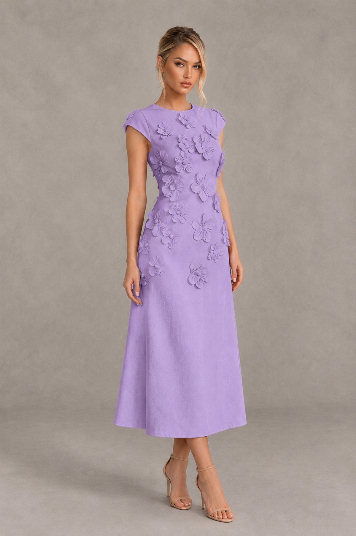 BOLODOO Lavender 3D Floral Cap Sleeve Midi Cocktail Dress - Lavender - Lavender_4