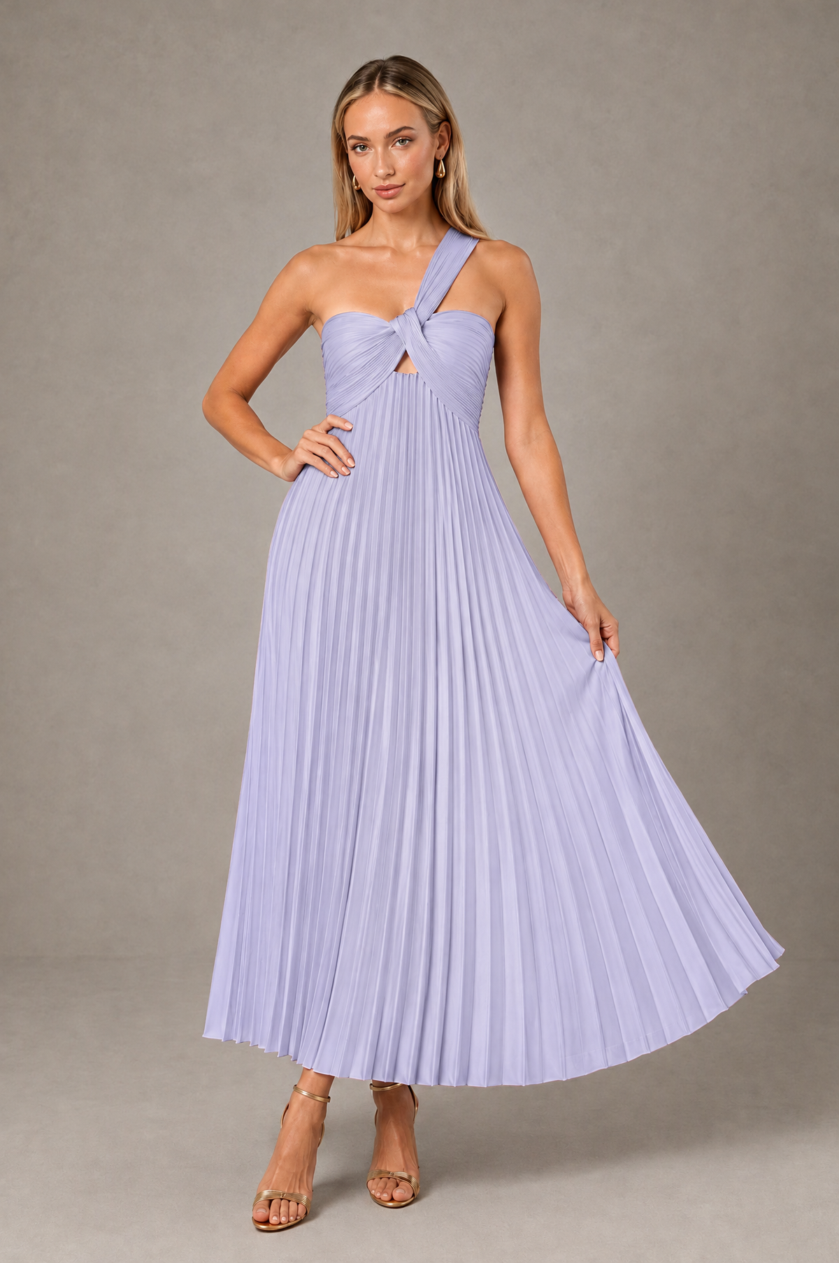 BOLODOO Lavender One-Shoulder Twist Knot Pleated Satin Midi Dress with Cutout - Lavender - Lavender_4