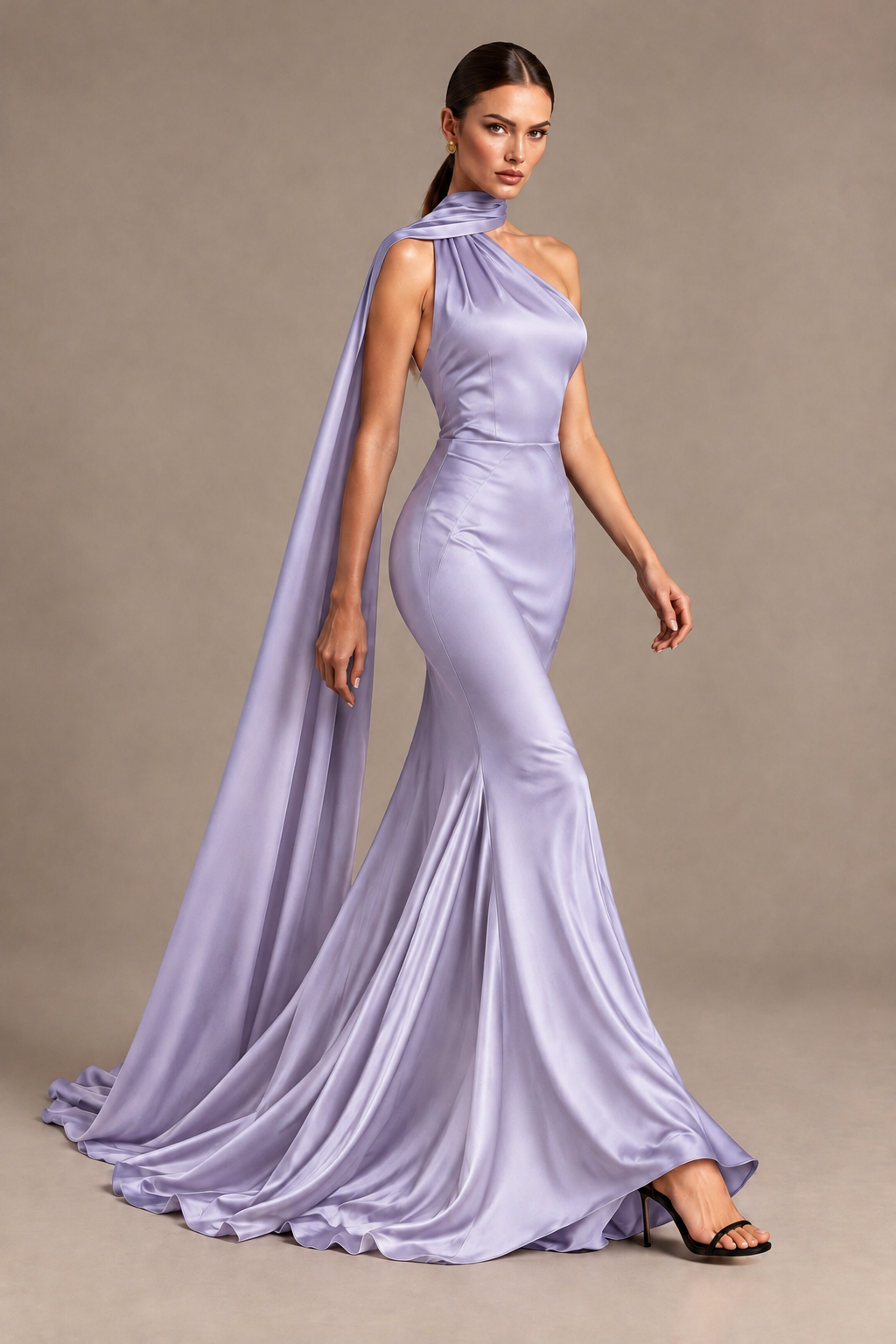 BOLODOO Lavender One-Shoulder Satin Mermaid Evening Dress with Scarf - Lavender - Lavender_4