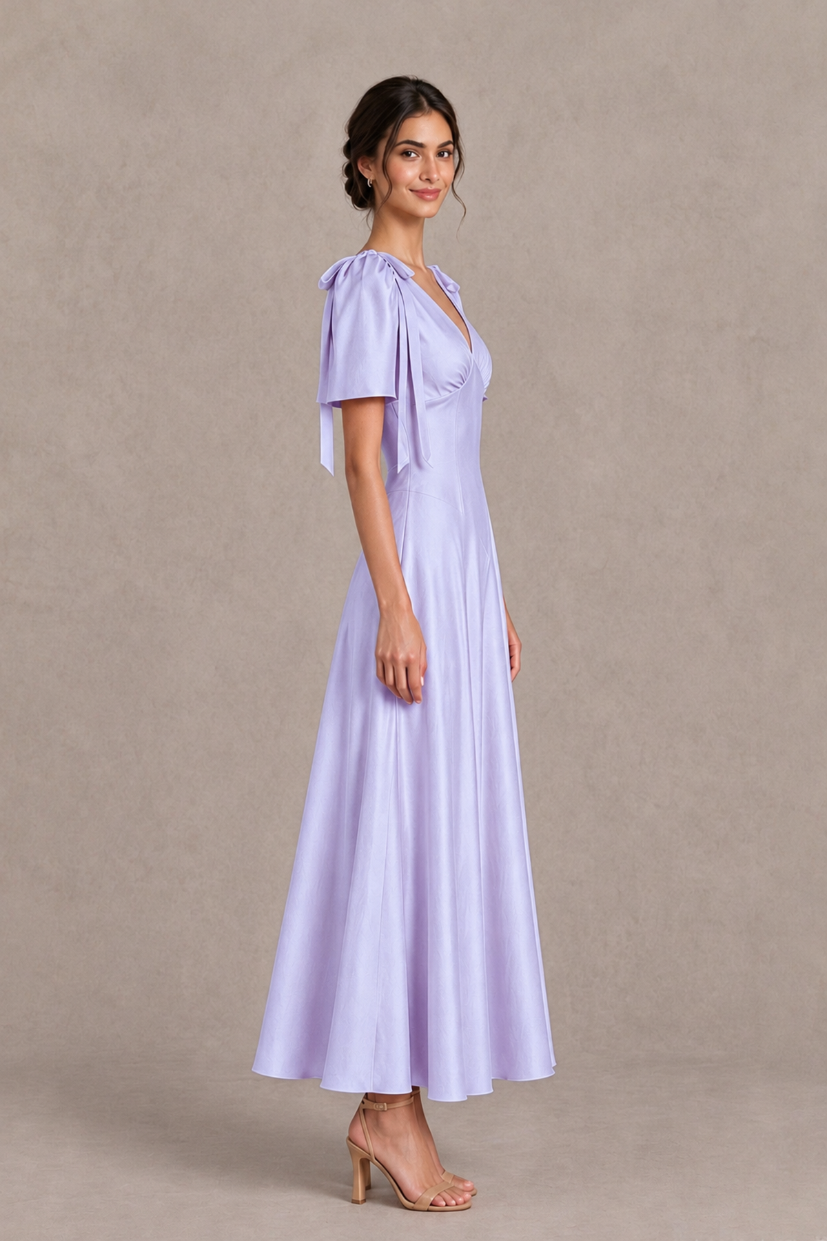 BOLODOO Lavender V-Neck Short Sleeve Satin-Look Bridesmaid Dress with Shoulder Bows - Lavender - Lavender_4