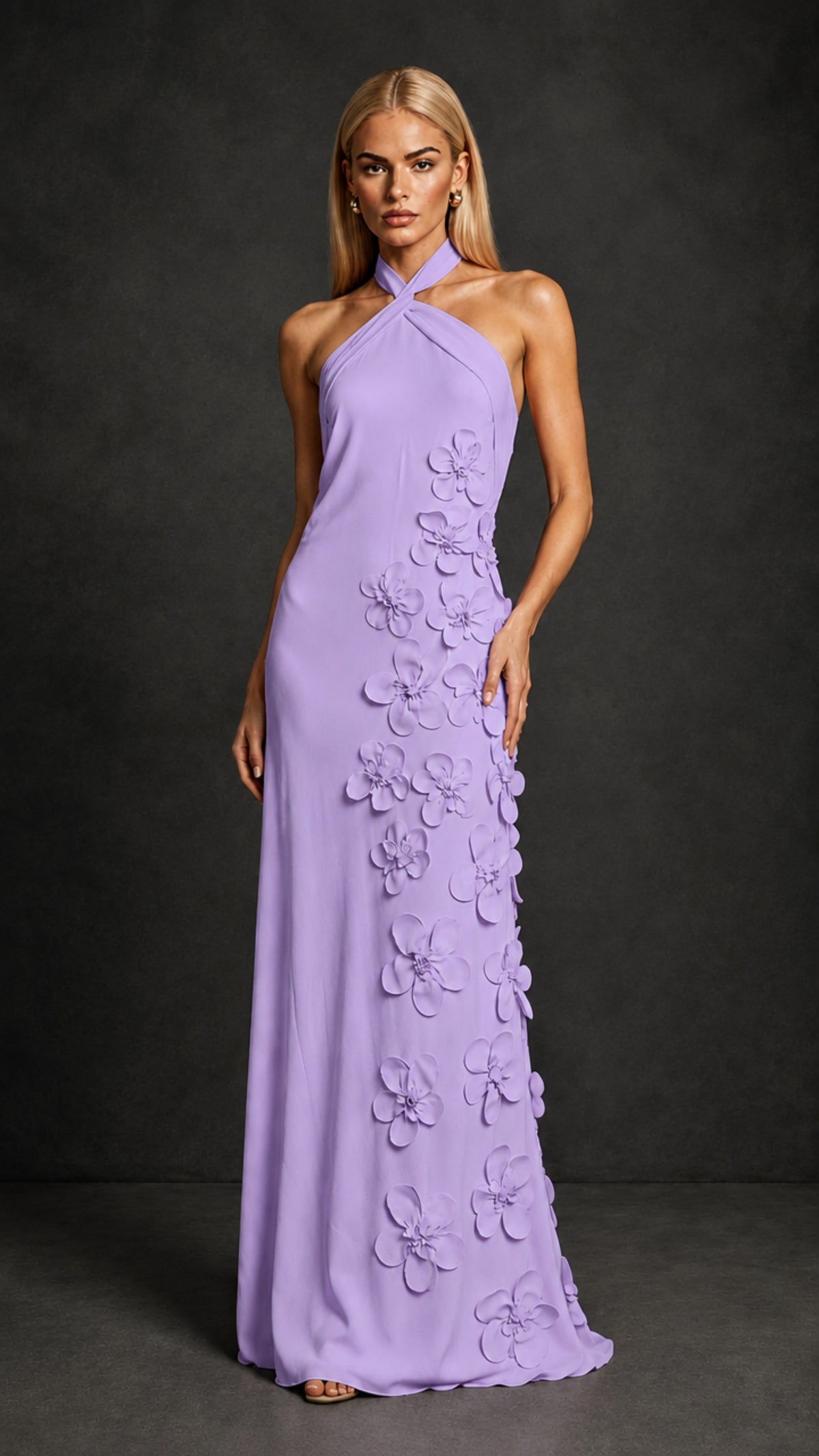 BOLODOO Lavender Cross Halter Neck 3D Floral Appliqué Backless Mermaid Maxi Gown - Lavender