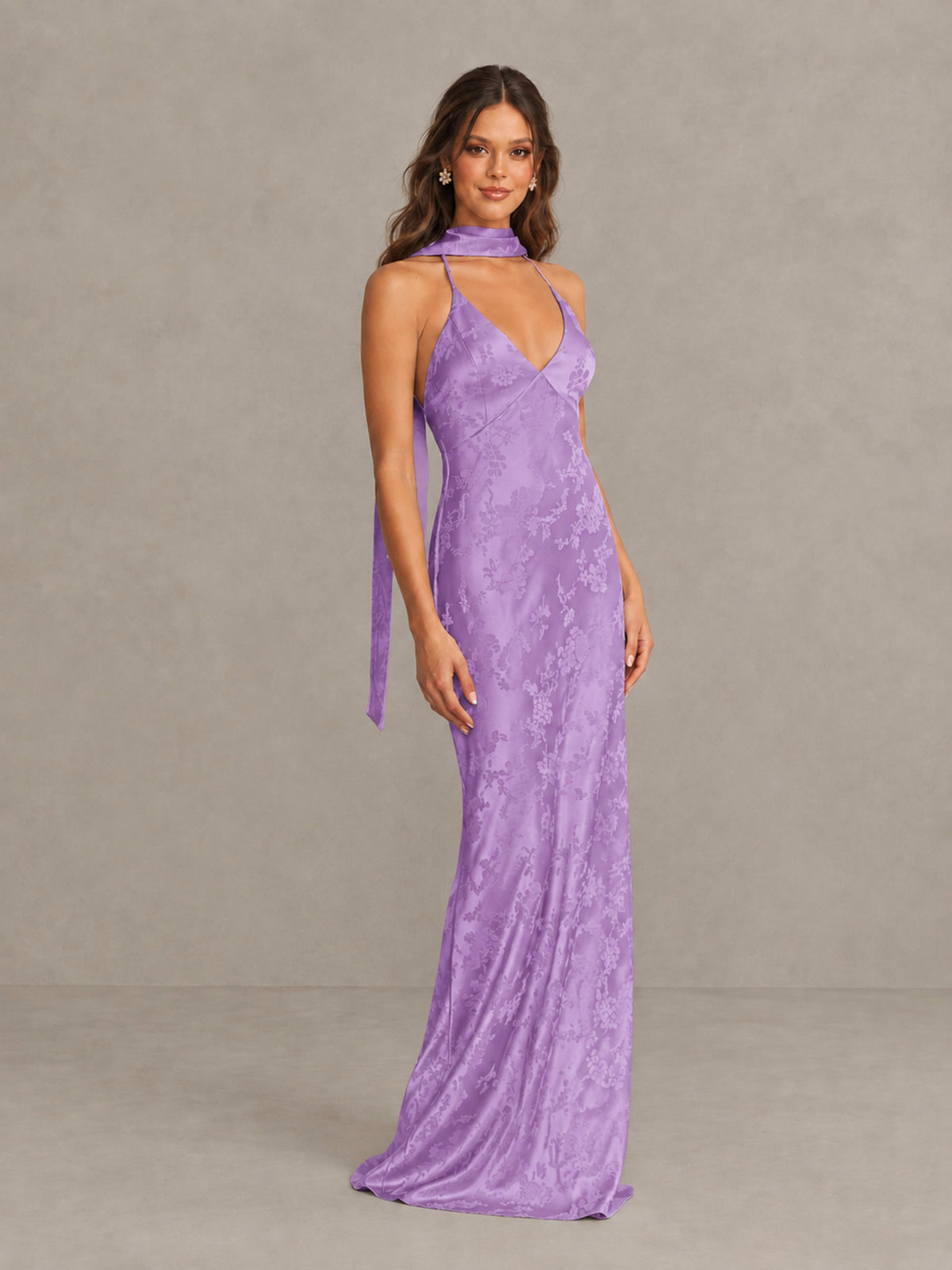 BOLODOO Lavender Floral Satin Open-Back Bridesmaid Dress - Lavender - Lavender_4