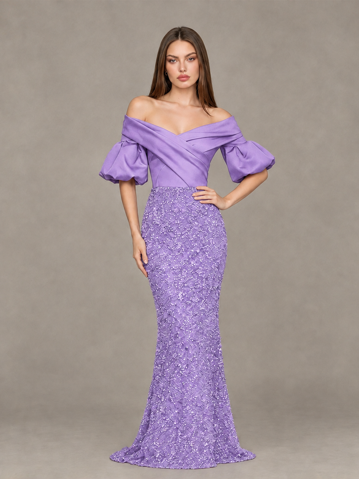 BOLODOO Lavender Off-Shoulder Puff Sleeve Sequin Mermaid Evening Dress - Lavender - Lavender_4