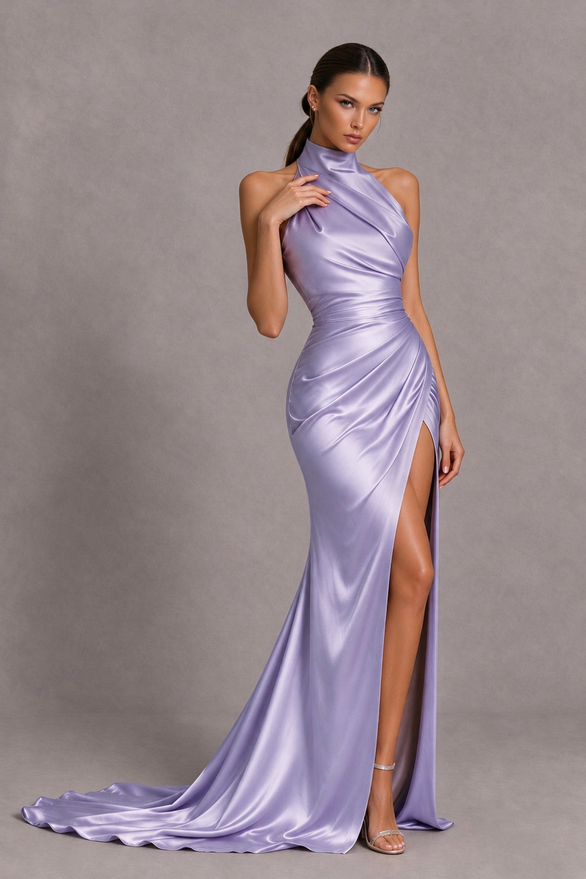 BOLODOO Lavender Halter Satin-Look Evening Gown with High Slit - Lavender - Lavender_4