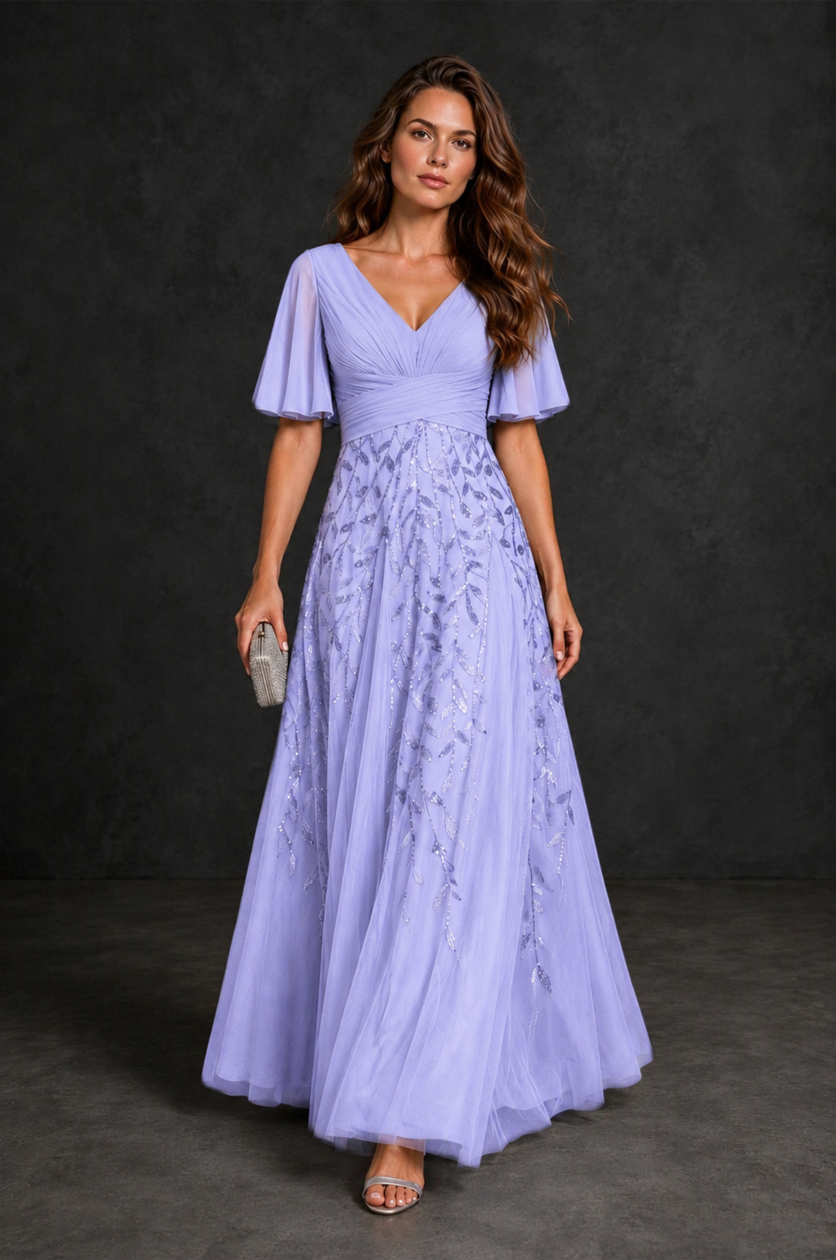 BOLODOO Lavender V-Neck Flutter Sleeve Beaded Botanical Tulle A-Line Gown | Mother of the Bride Evening Dress - Lavender - Lavender_4