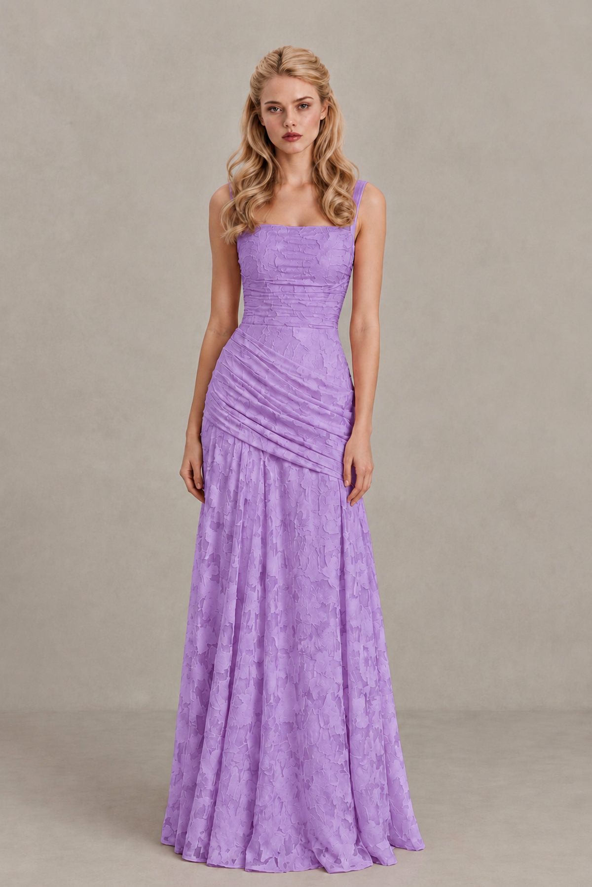 BOLODOO Lavender Ruched Floral Maxi Dress with Lace-Up Back - Lavender