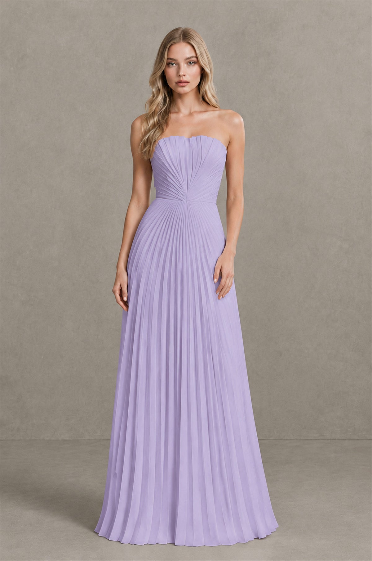 BOLODOO Lavender Strapless Sunburst Pleated Twisted Knot Lace-Up Back Accordion Pleated Chiffon Maxi Dress - Lavender