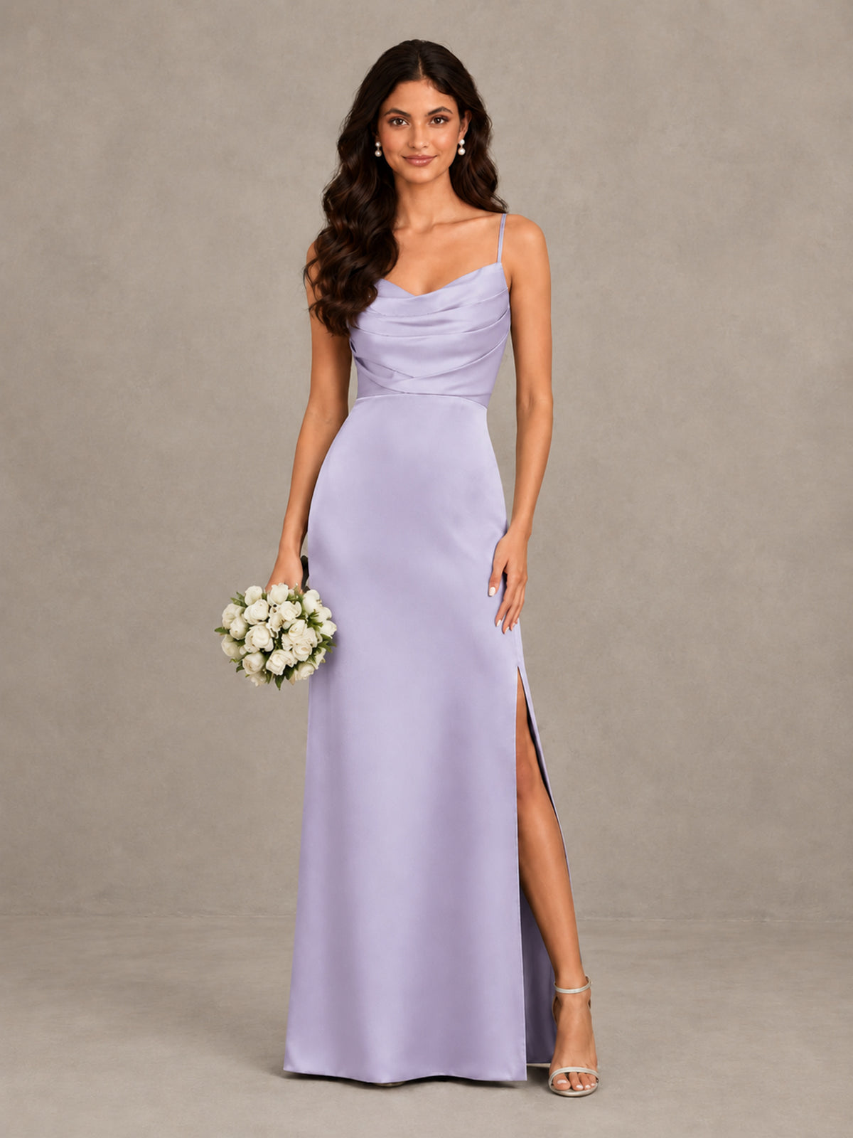 BOLODOO Lavender Cowl Neck Satin Bridesmaid Dress with Slit - Lavender - Lavender (1)