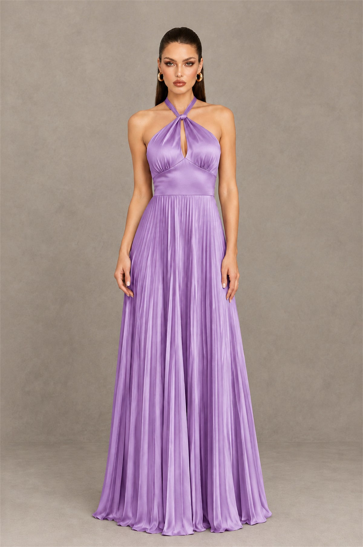 BOLODOO Lavender Halter Pleated A-Line Evening Dress - Lavender