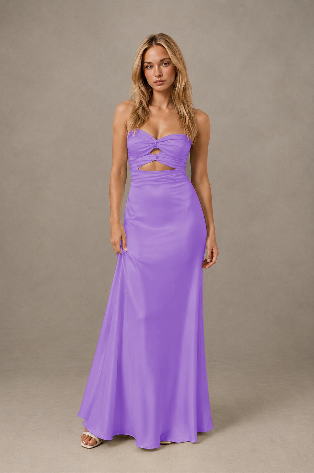 BOLODOO Lavender Sweetheart Strapless Twist Knot Cutout Lace-Up Back Satin Mermaid Maxi Dress - Lavender - Lavender (1)