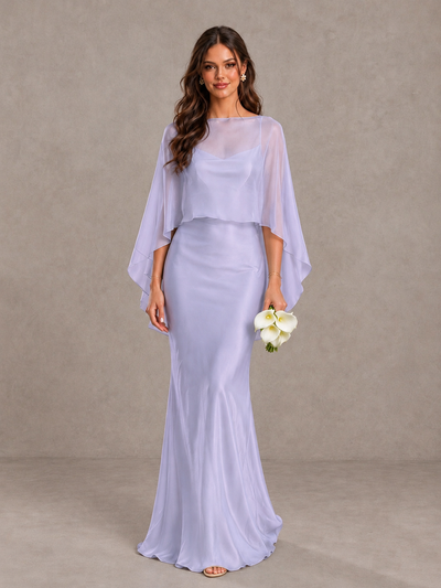 BOLODOO Lavender Satin Mermaid Bridesmaid Dress with Chiffon Cape - Lavender - Lavender (1)