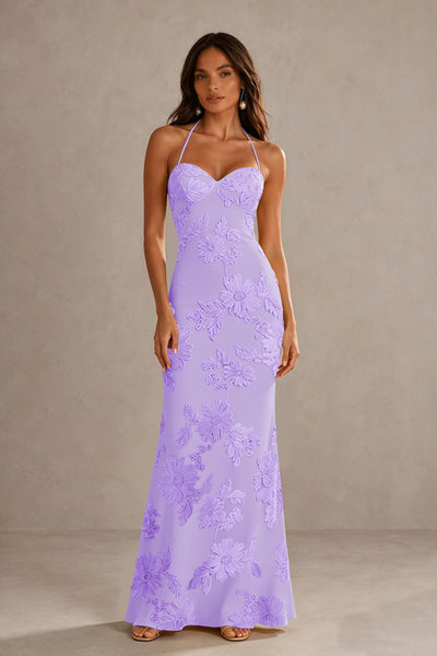 BOLODOO Lavender Halter Sweetheart Floral Embroidered Lace-Up Open Back Maxi Dress | BD0257 - Lavender