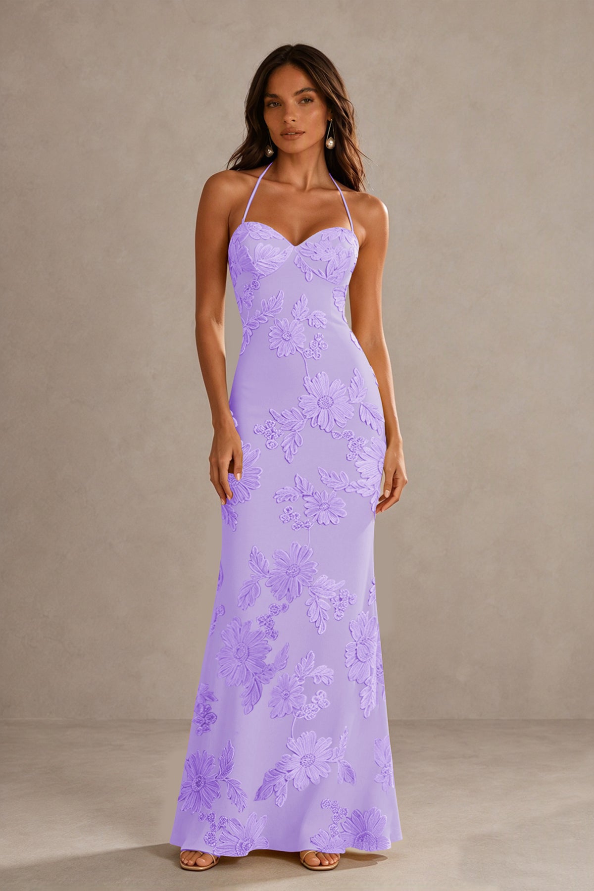 BOLODOO Lavender Halter Sweetheart Floral Embroidered Lace-Up Open Back Maxi Dress | BD0257 - Lavender
