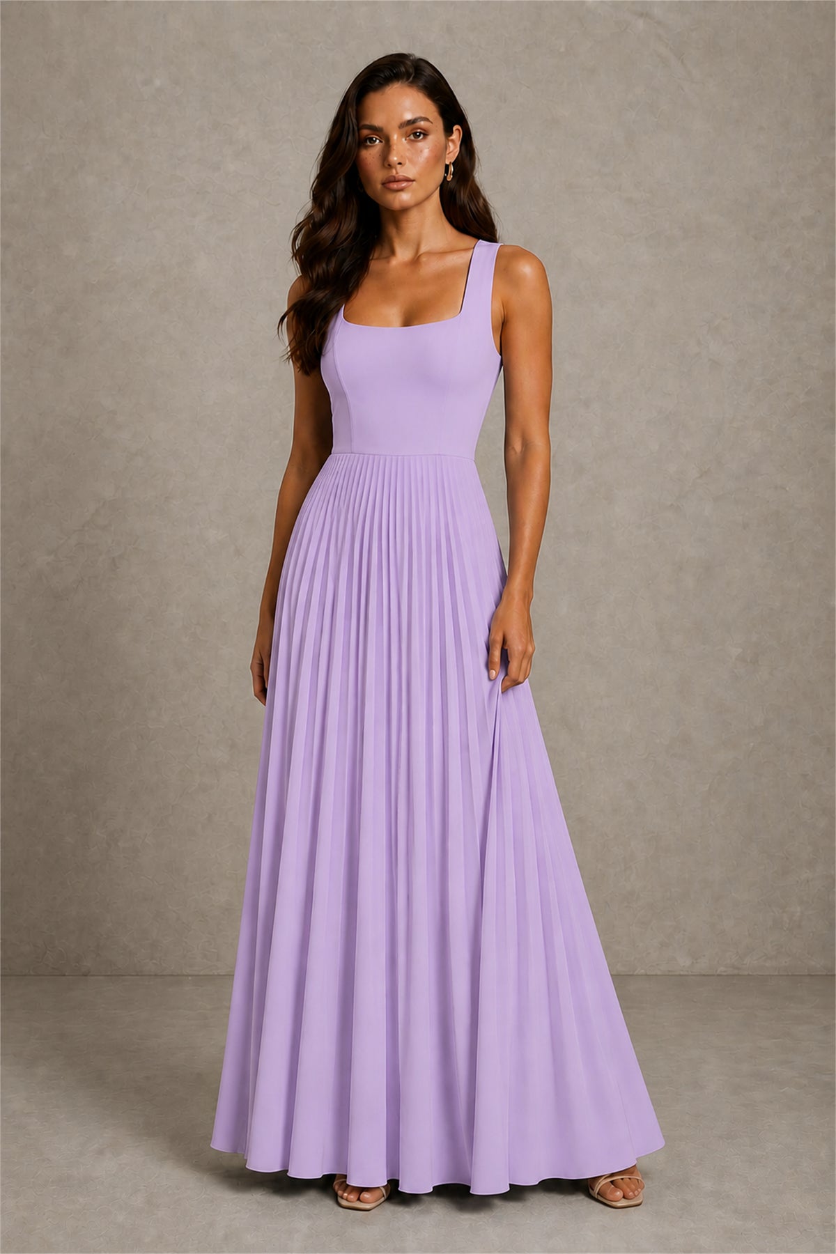 BOLODOO Lavender Square Neck Wide Strap Lace-Up Back Pleated A-Line Chiffon Maxi Dress - Lavender