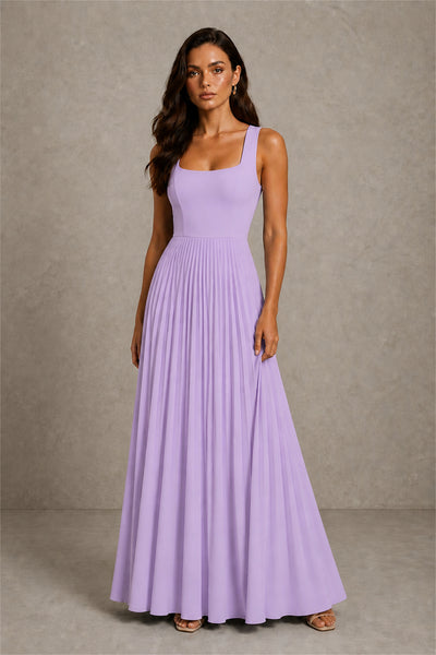 BOLODOO Lavender Square Neck Wide Strap Lace-Up Back Pleated A-Line Chiffon Maxi Dress - Lavender