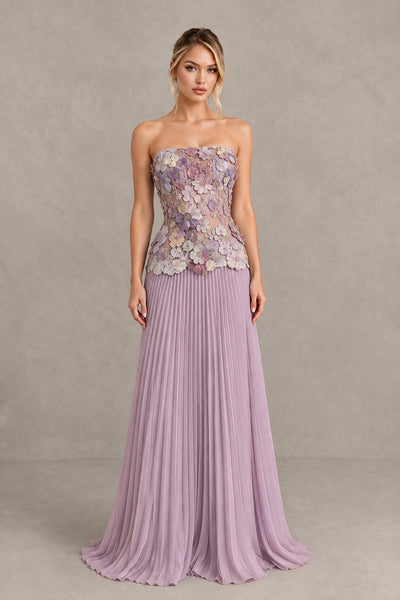 BOLODOO Lavender Strapless Floral Applique Pleated Evening Dress - Lavender - Lavender (1)