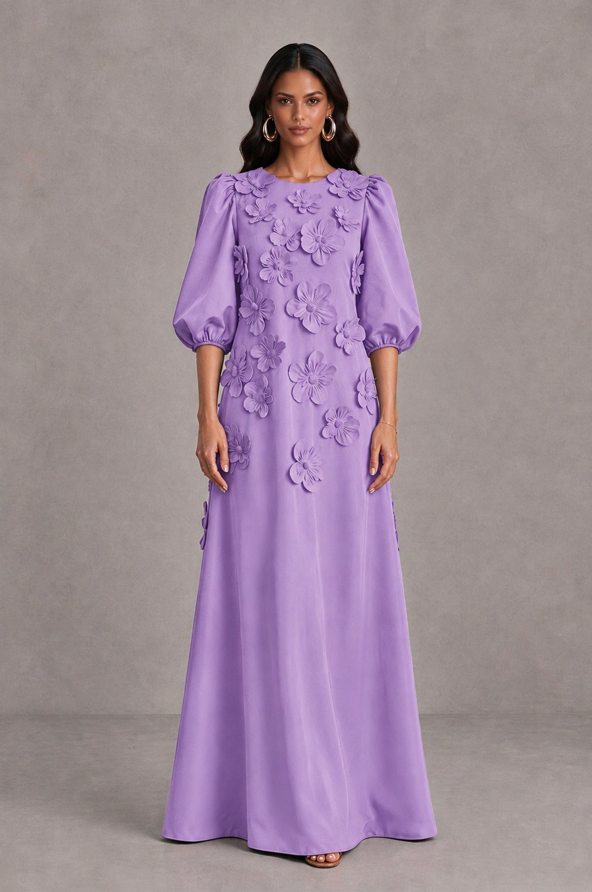 BOLODOO Lavender Floral Applique Puff Sleeve A-Line Evening Dress - Lavender - Lavender (1)