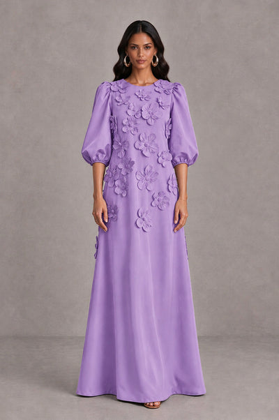 BOLODOO Lavender Floral Applique Puff Sleeve A-Line Evening Dress - Lavender - Lavender (1)