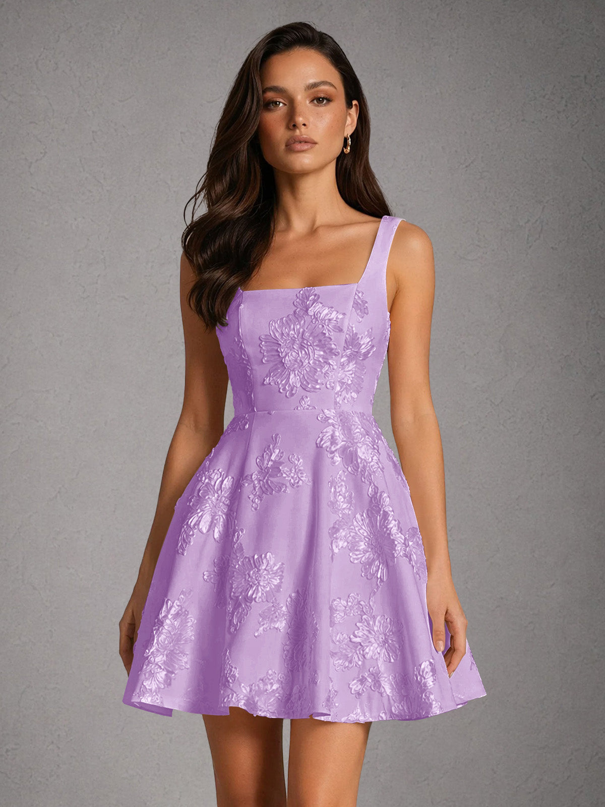 BOLODOO Pearl Lavender Iridescent Floral Embroidered Square Neck Wide Strap A-Line Mini Dress with Lace-Up Back - Lavender