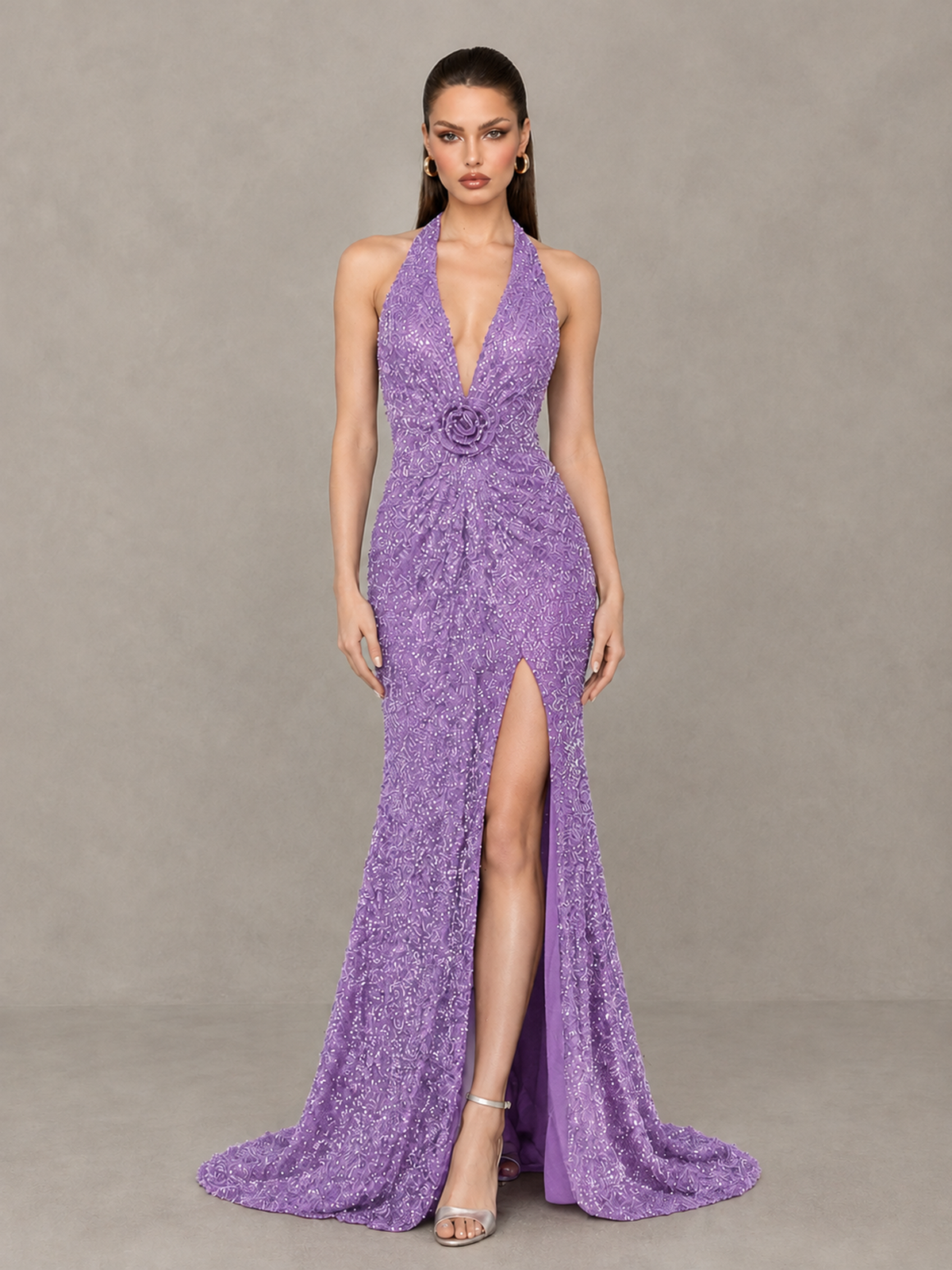 BOLODOO Lavender Sequin Halter Open Back Evening Gown with High Slit - Lavender - Lavender (1)