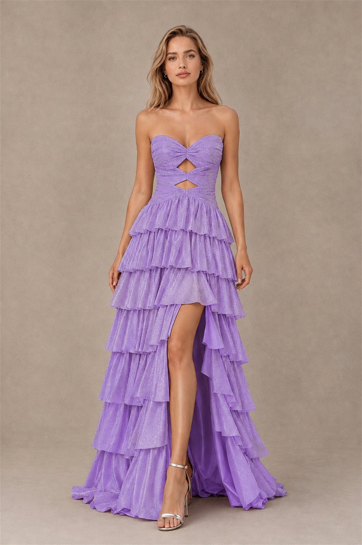 BOLODOO Lavender Strapless Cutout Tiered Ruffle Prom Dress with High Slit - Lavender - Lavender (1)