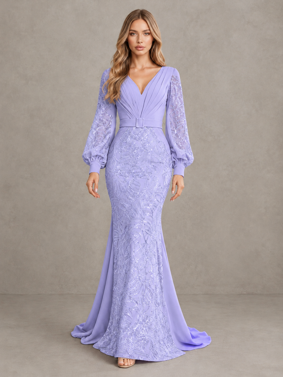 BOLODOO Lavender Sequin Long Bishop Sleeve Mermaid Evening Dress - Lavender - Lavender (1)