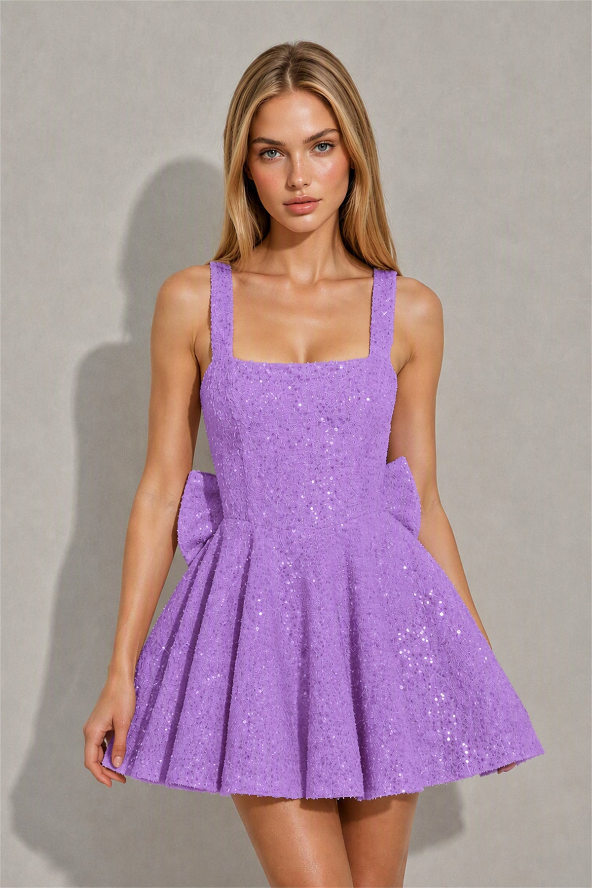 BOLODOO Lavender Sequin Square Neck Wide Strap Bow Waist Open Back Fit and Flare Mini Dress | Prom Birthday Party Dress - Lavender