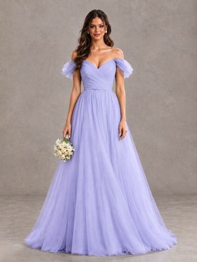 BOLODOO Lavender Off-the-Shoulder Ruffle Sleeve A-Line Bridesmaid Dress - Lavender - Lavender (1)