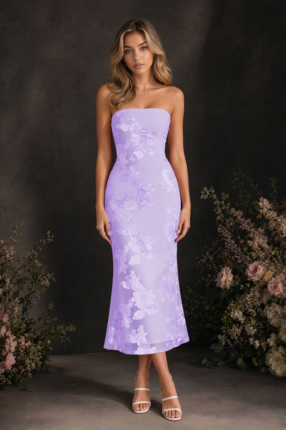BOLODOO Lavender Tonal Floral Embroidered Mesh Strapless Open Back Bodycon Midi Tea Length Dress - Lavender