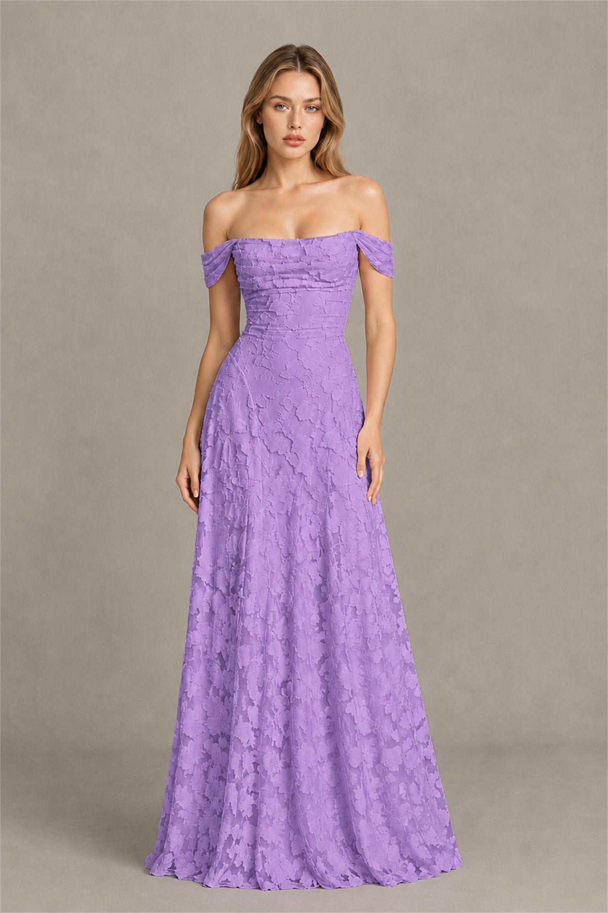 BOLODOO Lavender Off-Shoulder Pleated A-Line Maxi Dress Floral - Lavender