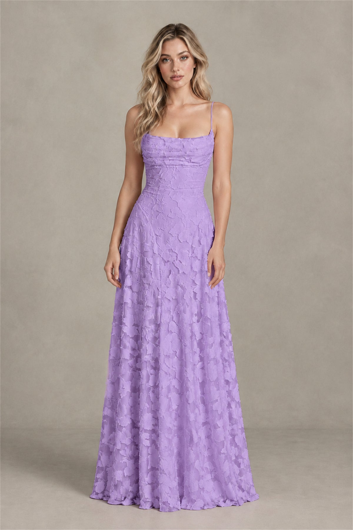 BOLODOO Lavender Floral Appliqué Lace-Up Back Maxi Dress - Lavender