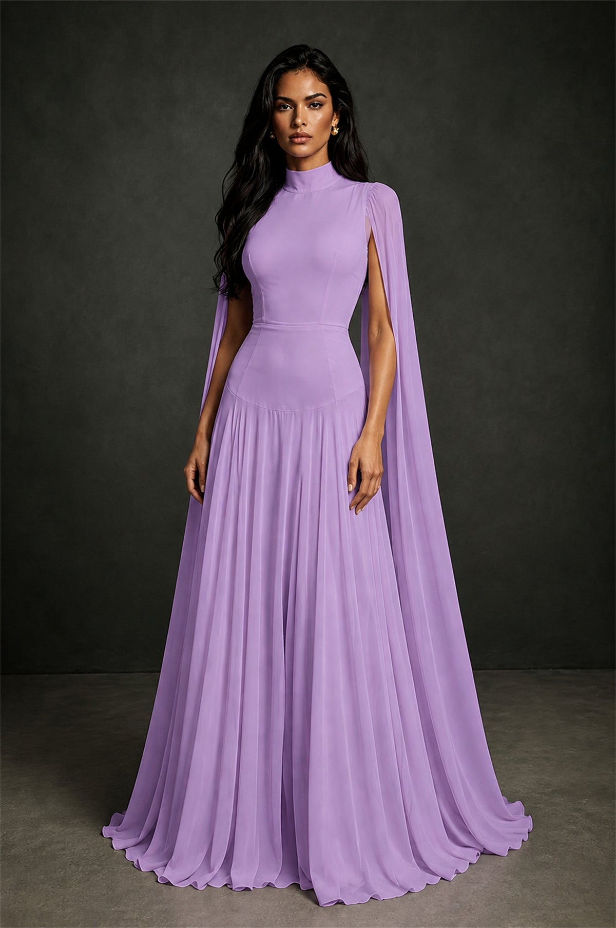 BOLODOO Lavender Mock Neck Cape Sleeve A-Line Chiffon Maxi Dress - Lavender - Lavender (1)