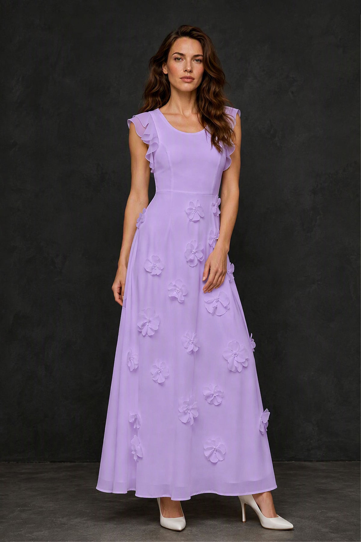 BOLODOO Lavender Scoop Neck Flutter Sleeve 3D Floral Appliqué A-Line Chiffon Maxi Dress - Lavender