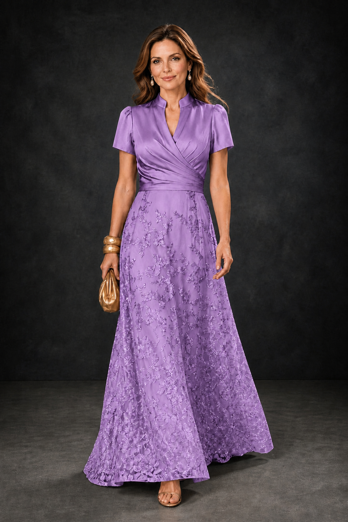 BOLODOO Lavender Satin Wrap V-Neck Short Sleeve Lace Glitter A-Line Floor Length Evening Gown – Formal Dress - Lavender - Lavender (1)
