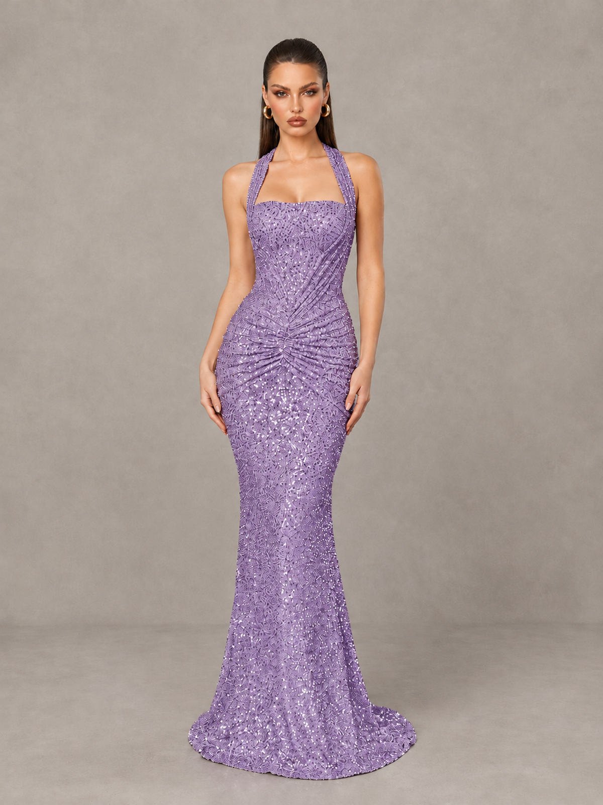 BOLODOO Lavender Sequin Halter Mermaid Evening Gown - Lavender - Lavender (1)