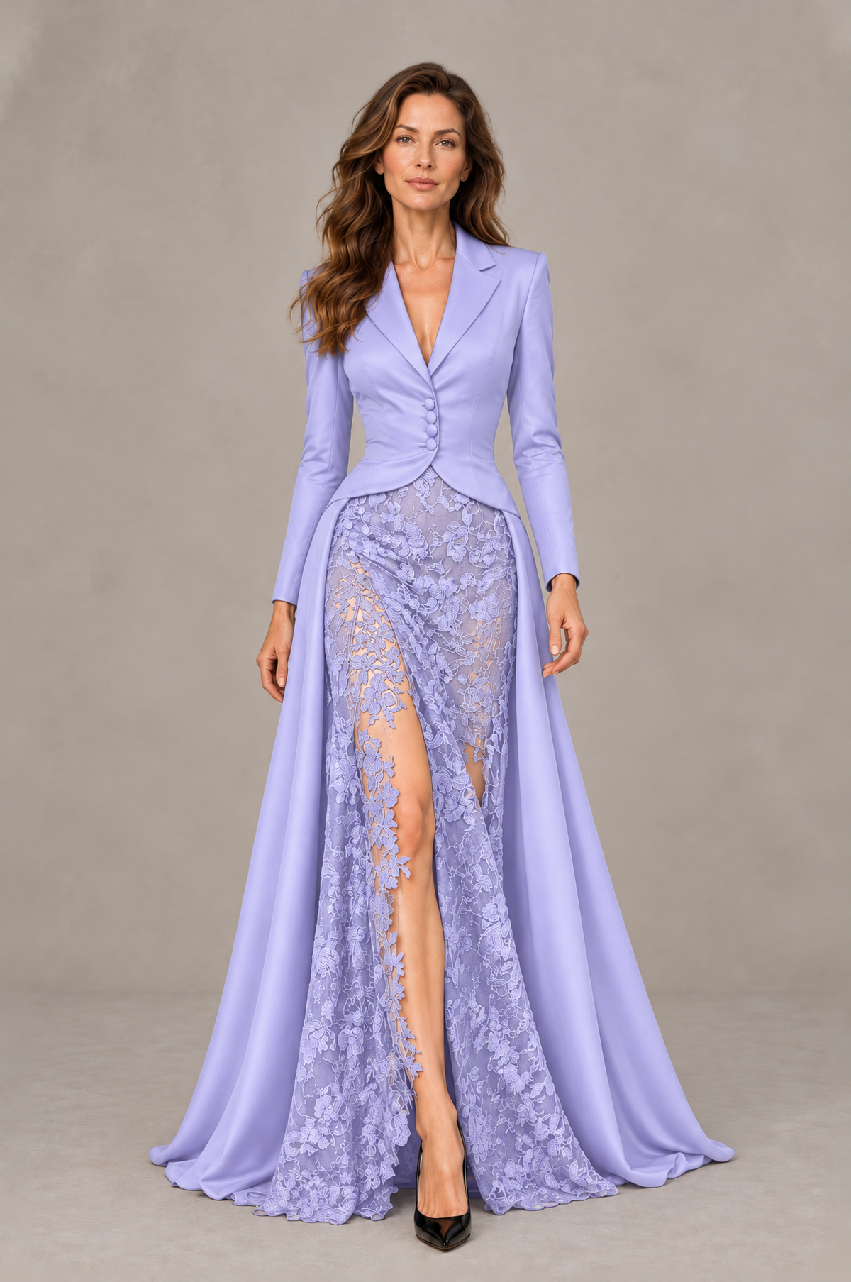 BOLODOO Lavender Long Sleeve Lace Blazer Gown with High Slit - Lavender - Lavender (1)
