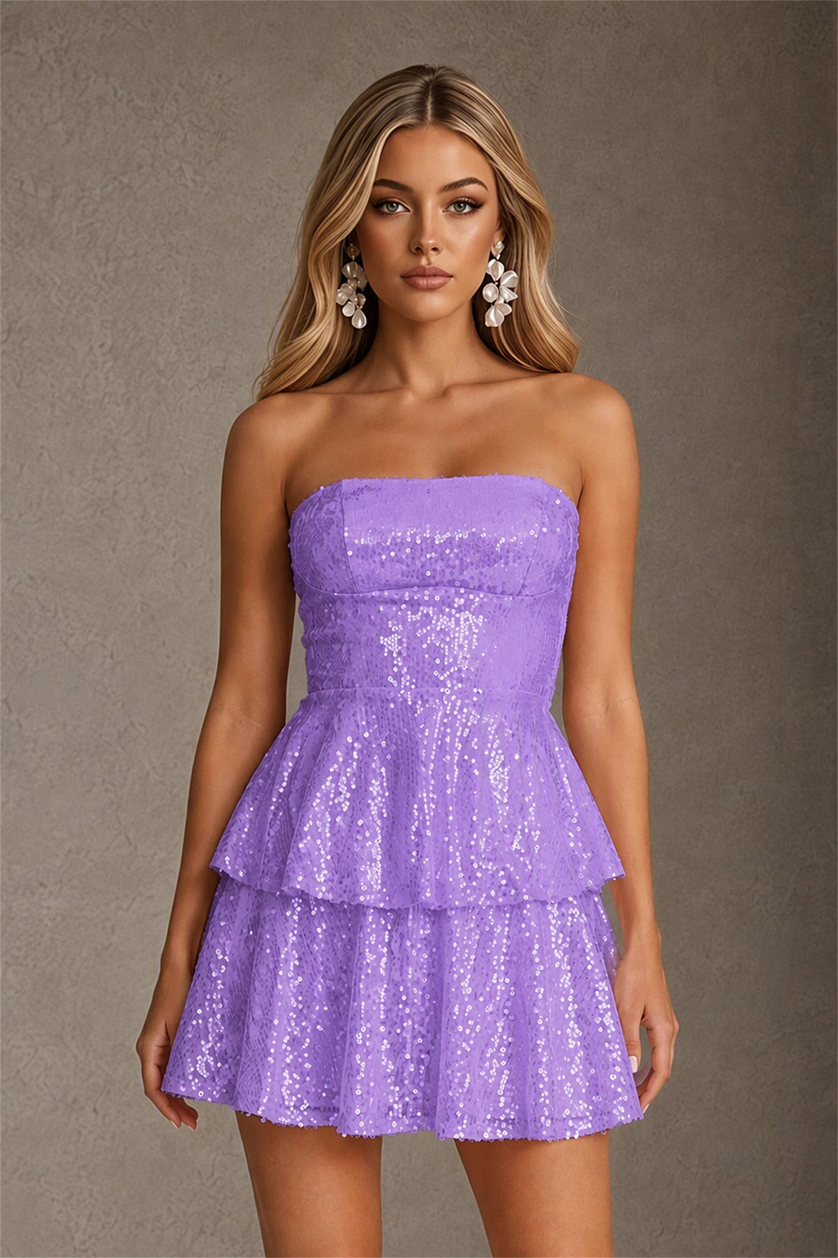 BOLODOO Lavender Iridescent Sequin Strapless Open Back Bow Tiered Mini Dress | Aurora Sequin Ruffle Party Dress - Lavender