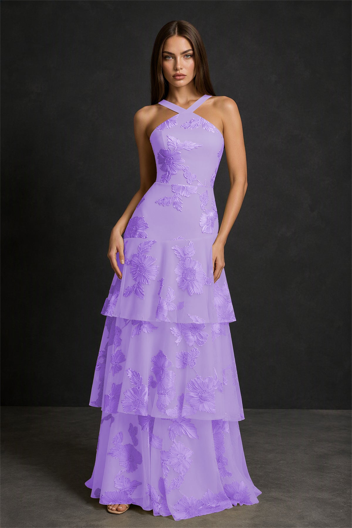 BOLODOO Lavender Crisscross Halter Neck Lavender Floral Embroidered Triple Tiered A-Line Tulle Maxi Dress - Lavender