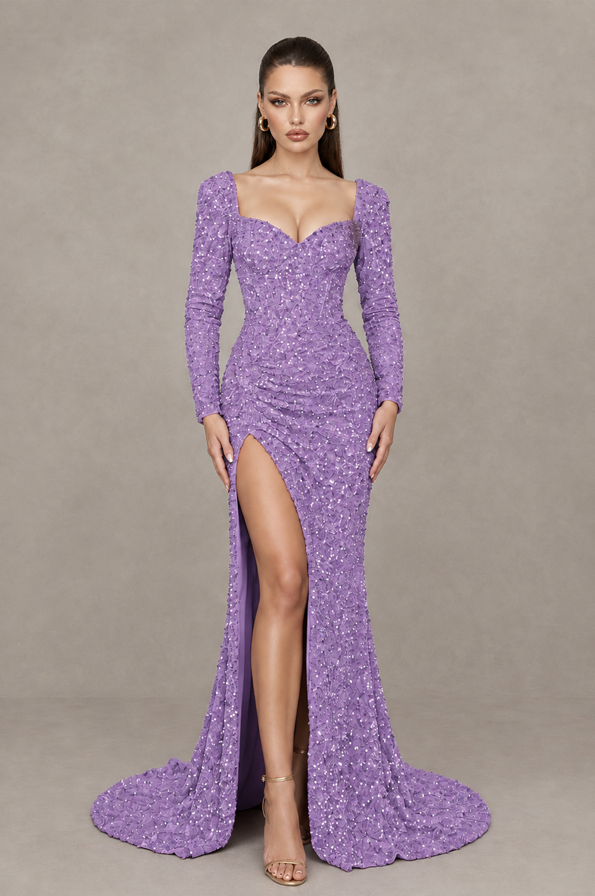 BOLODOO Lavender Sequin Long Sleeve Evening Gown with High Slit - Lavender - Lavender (1)