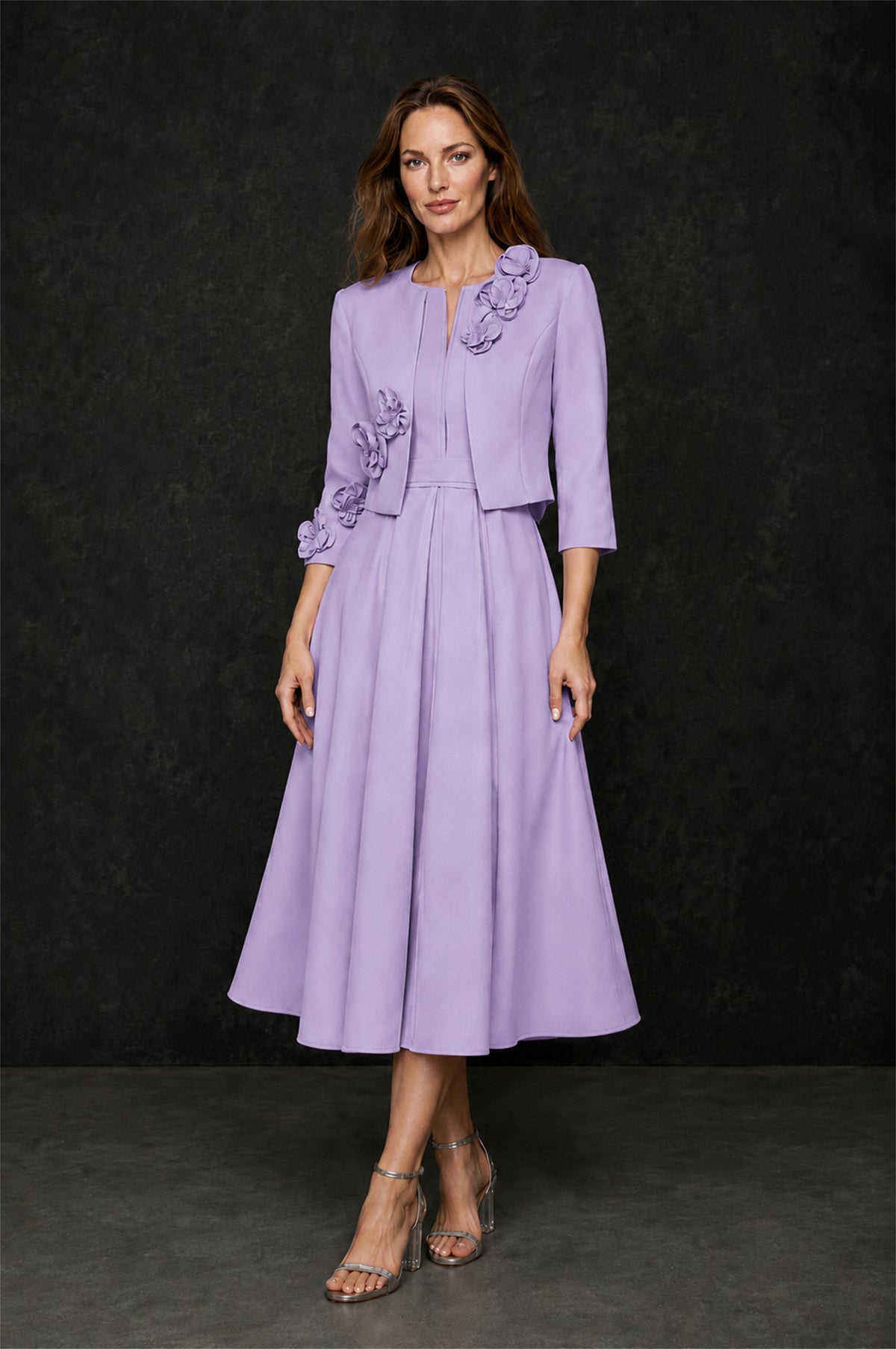 BOLODOO Lavender 3D Rosette Appliqué 3/4 Sleeve Jacket & V-Notch Sleeveless A-Line Tea-Length Two-Piece Dress Set - Lavender