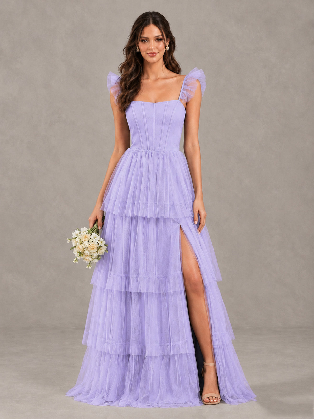 BOLODOO Lavender Tiered Tulle Bridesmaid Dress with Slit - Lavender - Lavender (1)