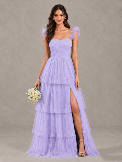 BOLODOO Lavender Tiered Tulle Bridesmaid Dress with Slit - Lavender - Lavender (1)
