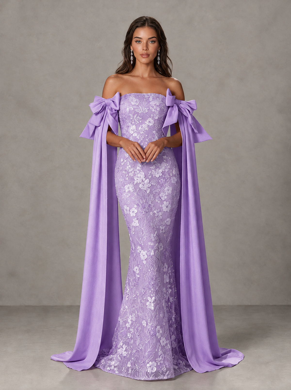 BOLODOO Lavender Floral Lace Mermaid Prom Dress with Off-Shoulder Bows - Lavender - Lavender (1)