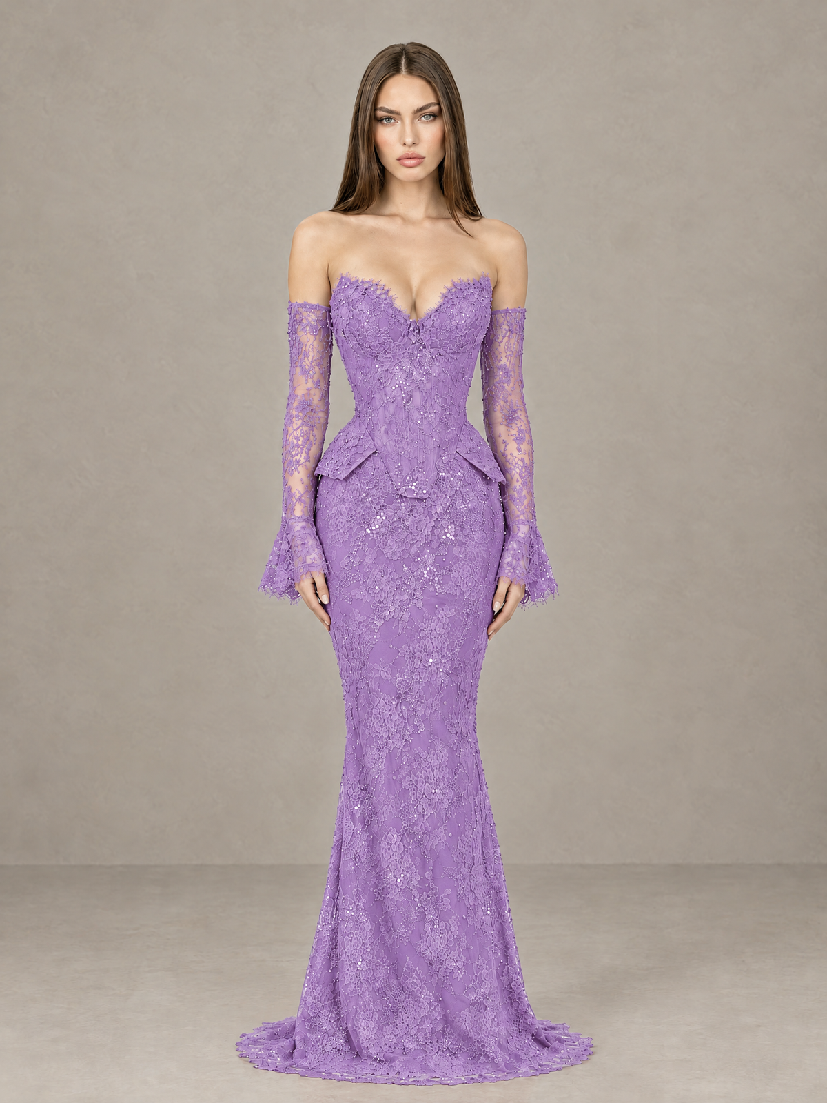 BOLODOO Lavender Lace Off-the-Shoulder Long Sleeve Mermaid Evening Gown - Lavender - Lavender (1)