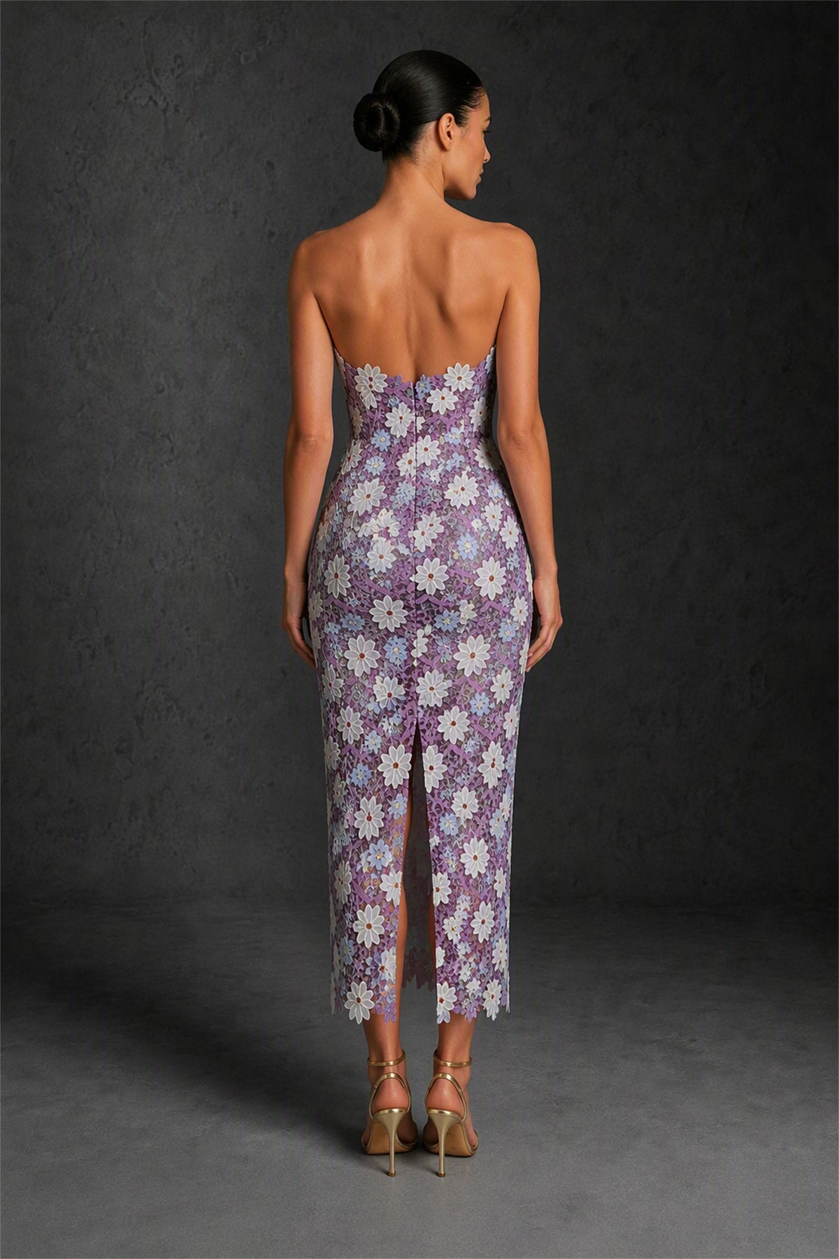 BOLODOO Lavender 3D Floral Applique Strapless Column Midi Dress | Wedding Guest & Cocktail - Lavender