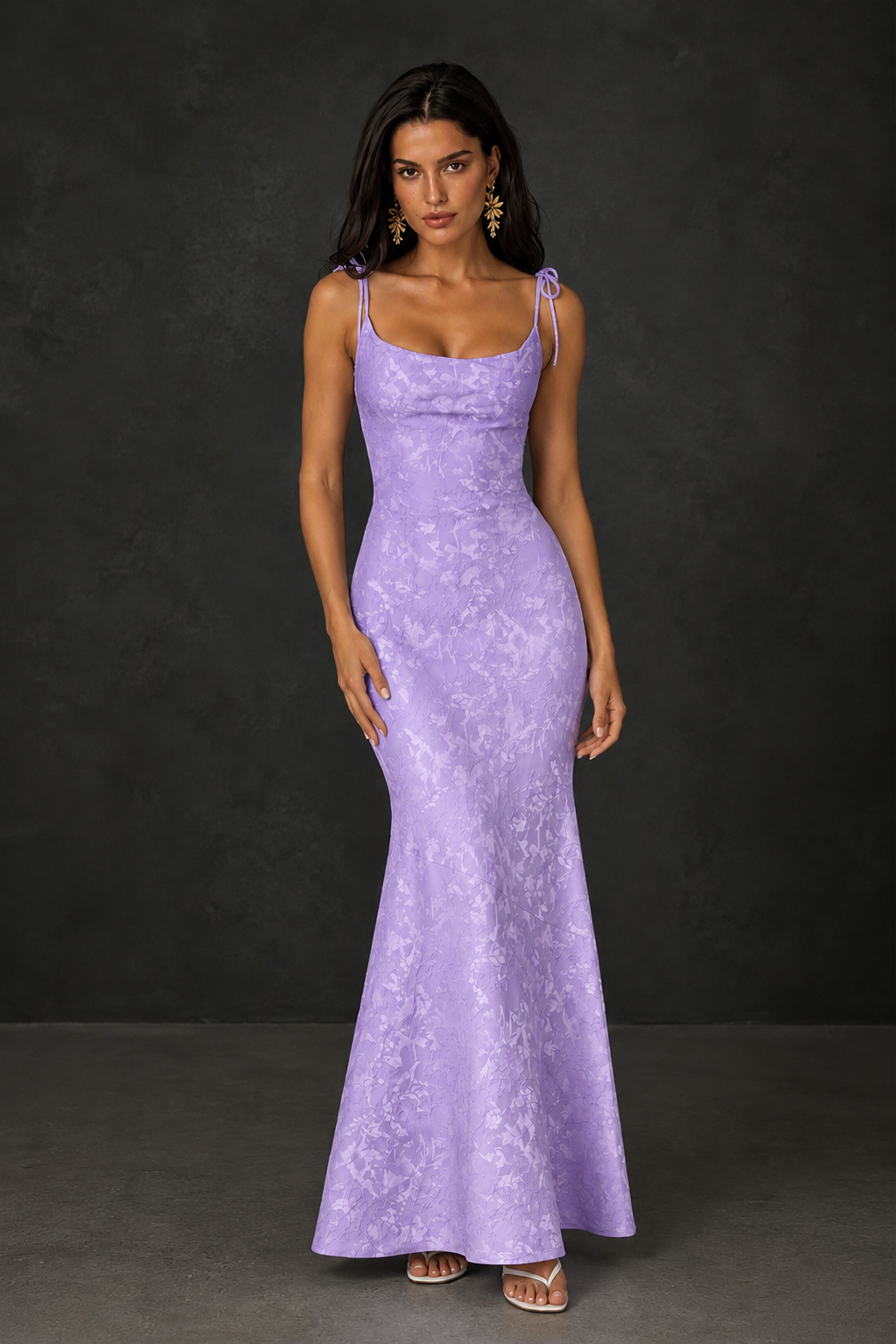 BOLODOO Lavender Scoop Neck Tie Strap Lace-Up Back Floral Jacquard Mermaid Maxi Dress - Lavender